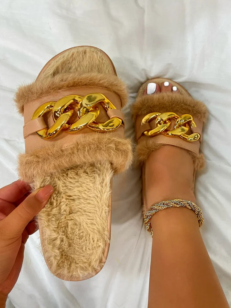 2023 Winter Plush Slippers Fashion Open Toe Solid Color Women's Sandals Metal Chain Outdoor Casual Women's Shoes  Fashion Shoes