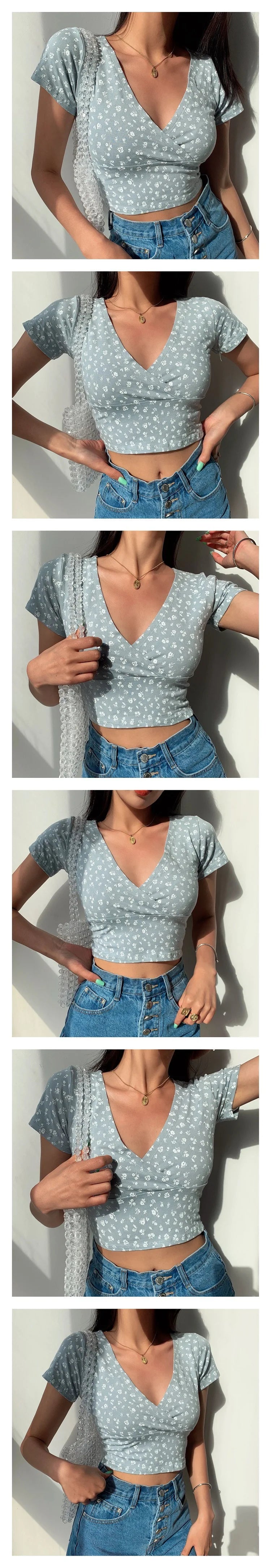 Y2K Vintage Floral Cross Crop Top, Slim Short Sleeve V-neck