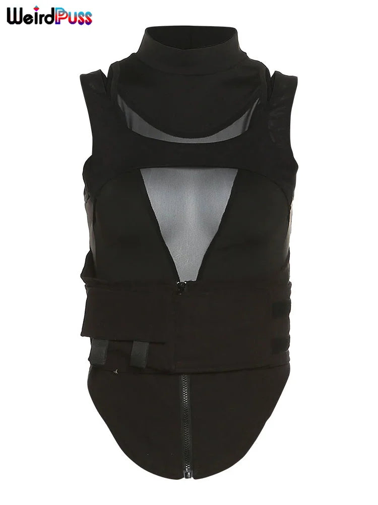 Weird Puss Patchwork Mesh Tank Top Zip Multi-Layer Sporty Locomotive Vest 2024 Trend Summer Hollow Skinny Velcro Belt Streetwear