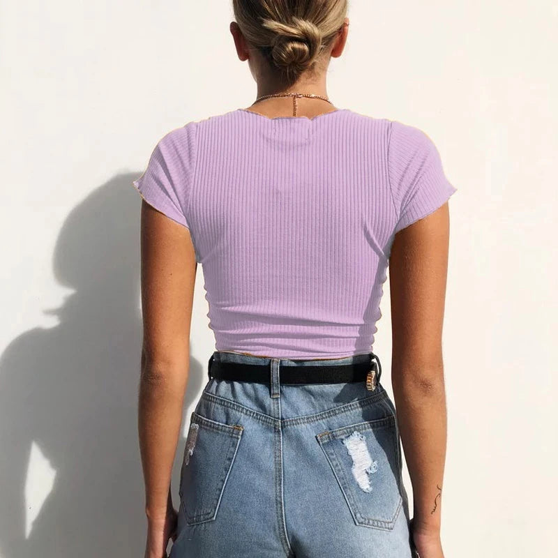 Sexy V Neck Cropped Tank Tops Women Drawstring Tie Up Front Camis Candy Colors Streetwear Slim Fit Ribbed Crop Top