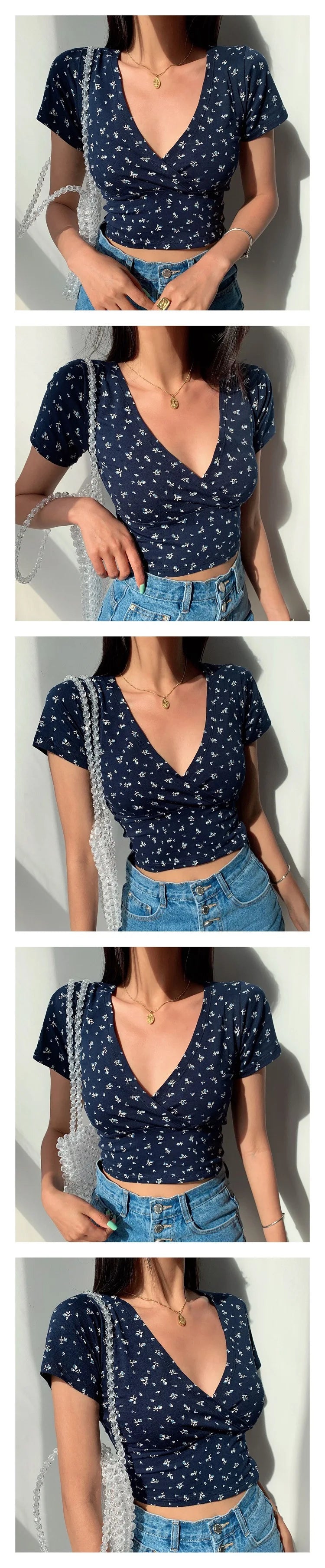 Y2K Vintage Floral Cross Crop Top, Slim Short Sleeve V-neck