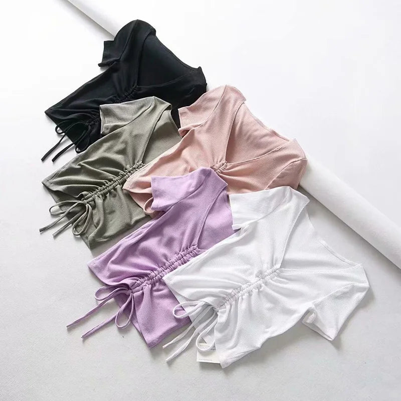 Sexy V Neck Cropped Tank Tops Women Drawstring Tie Up Front Camis Candy Colors Streetwear Slim Fit Ribbed Crop Top