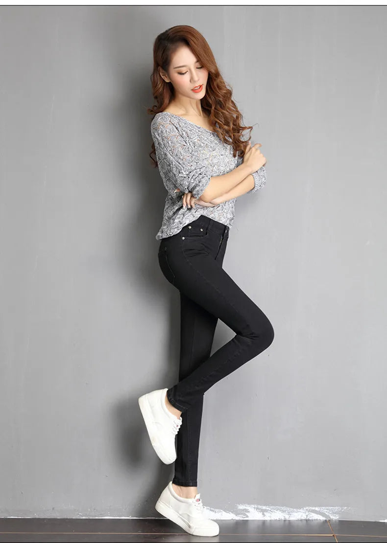 Jeans for Women mom Jeans blue gray black Woman High Elastic 36 38 40 Stretch Jeans female washed skinny pencil pants