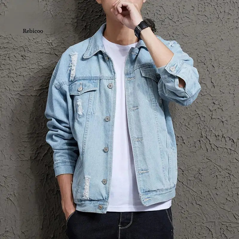 2021 Autumn Solid Casual Slim Mens Denim Jacket Bomber Jacket Men Tearing Hole Cowboy Men's Jean Jacket Chaqueta Hombre