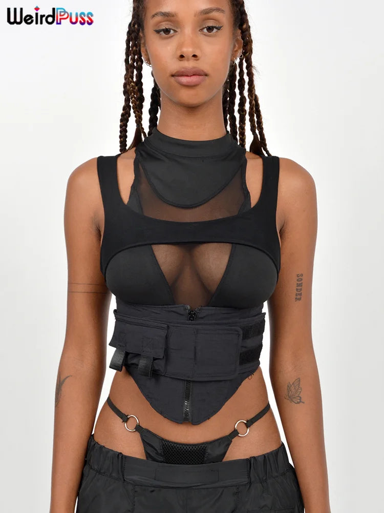 Weird Puss Patchwork Mesh Tank Top Zip Multi-Layer Sporty Locomotive Vest 2024 Trend Summer Hollow Skinny Velcro Belt Streetwear