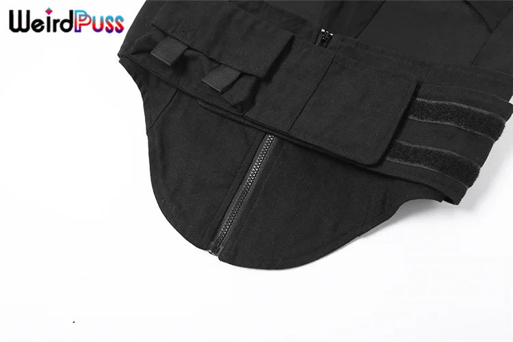 Weird Puss Patchwork Mesh Tank Top Zip Multi-Layer Sporty Locomotive Vest 2024 Trend Summer Hollow Skinny Velcro Belt Streetwear