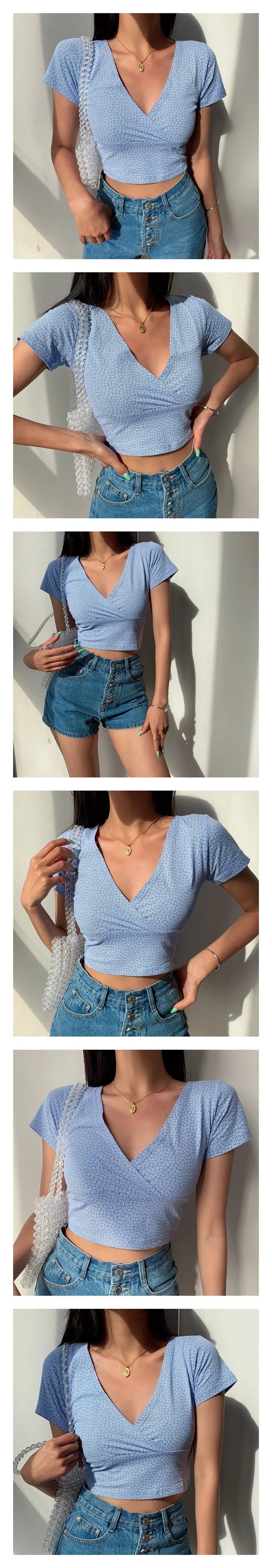 Y2K Vintage Floral Cross Crop Top, Slim Short Sleeve V-neck