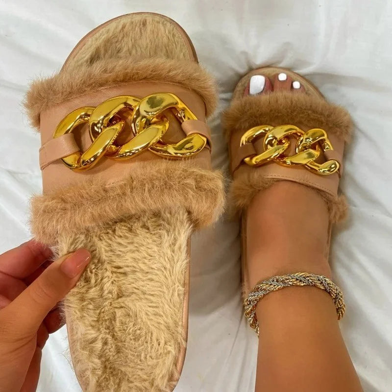 2023 Winter Plush Slippers Fashion Open Toe Solid Color Women's Sandals Metal Chain Outdoor Casual Women's Shoes  Fashion Shoes