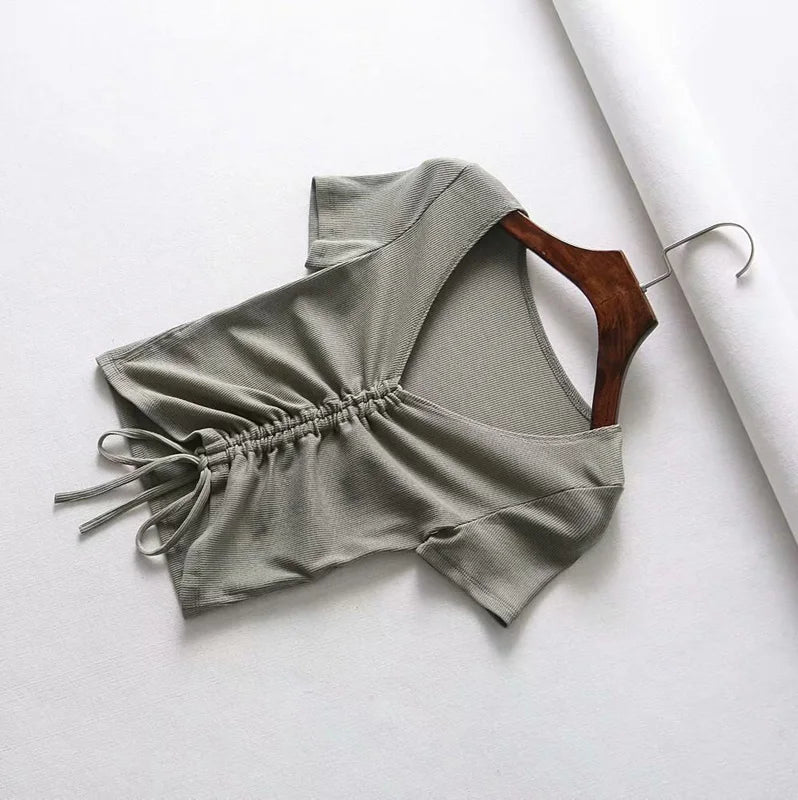 Sexy V Neck Cropped Tank Tops Women Drawstring Tie Up Front Camis Candy Colors Streetwear Slim Fit Ribbed Crop Top
