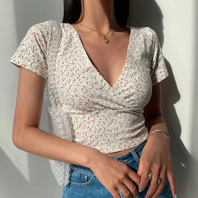Y2K Vintage Floral Cross Crop Top, Slim Short Sleeve V-neck
