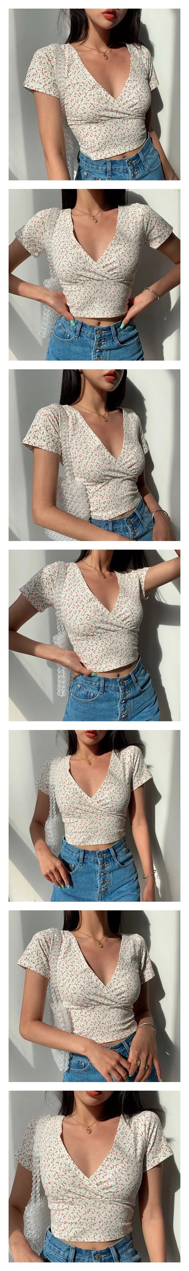 Y2K Vintage Floral Cross Crop Top, Slim Short Sleeve V-neck