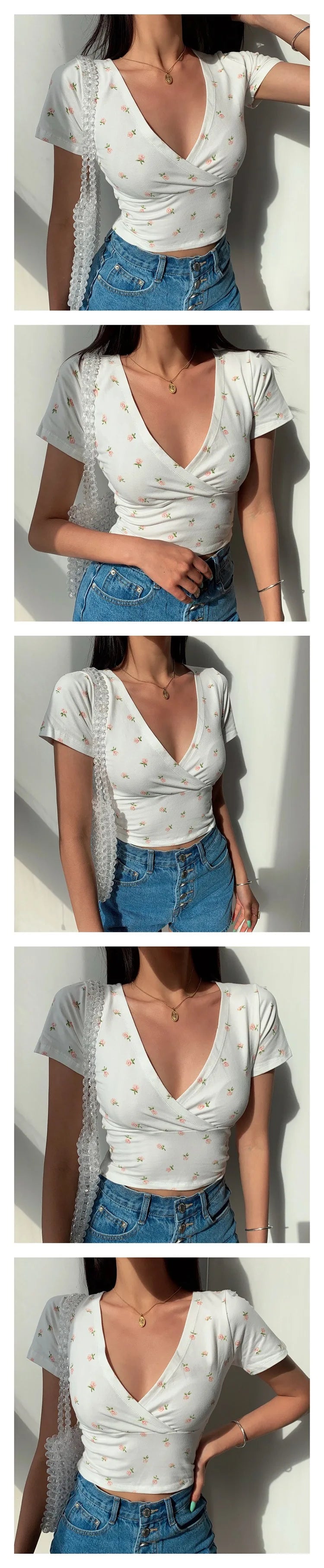 Y2K Vintage Floral Cross Crop Top, Slim Short Sleeve V-neck