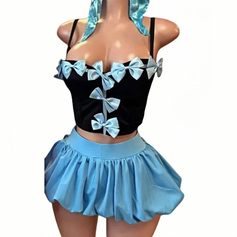 Sweet Bow Fashion, Two Piece Sets Women Thin Strap Slim Tank Top + Puffy Mini Skirts Outfits Female Streetwear