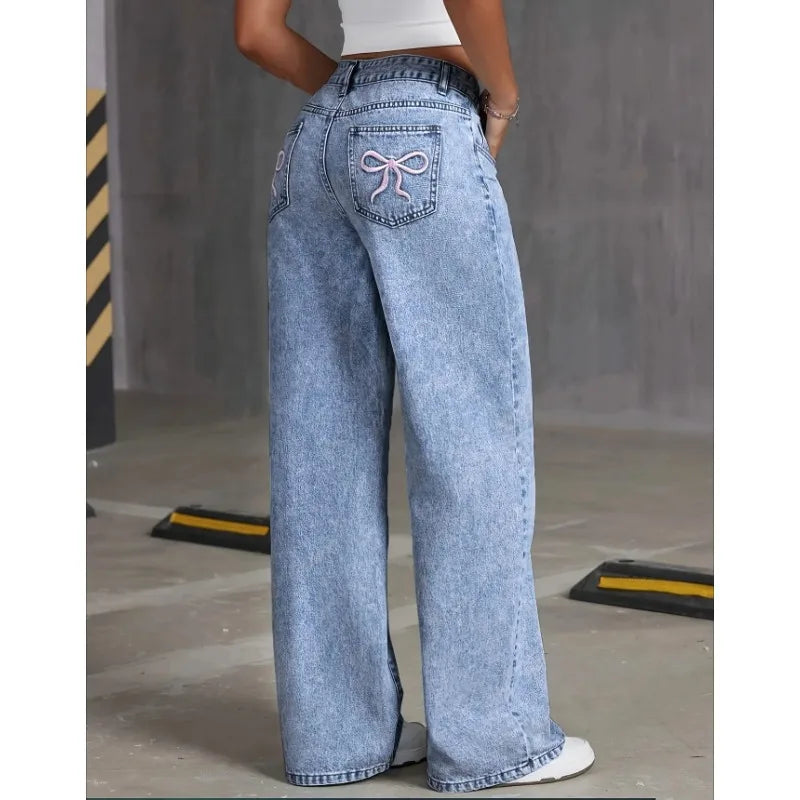 Wide Leg Jeans High waisted  Bow Embroidered Pocket Wide Leg Jeans  Fashionable ladies Trousers Casual Style