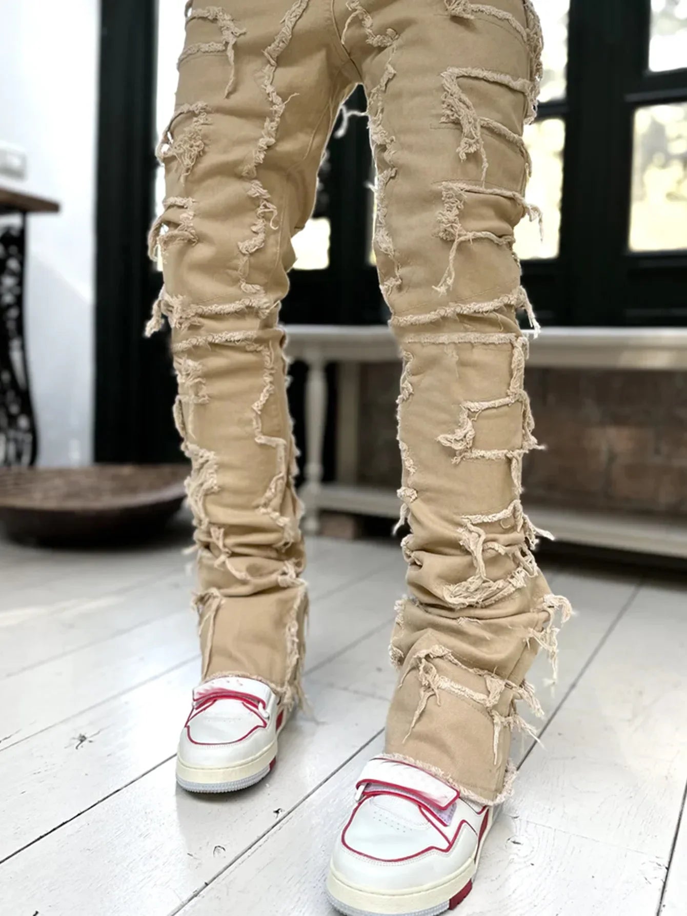Denim Regular Fit Stacked Jeans Ripped Slim Fit Patch Distressed Destroyed Straight Denim Pants Hip Hop Streetwear Trouser Cloth