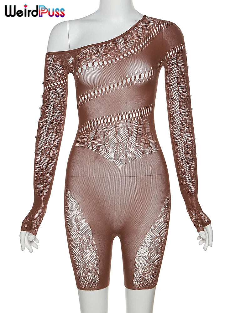 Weird Puss See Through Romper Women Sexy  Hollow Rhinestones Long Sleeve Skinny Irregular Off Shoulder Body-Shaping Playsuits