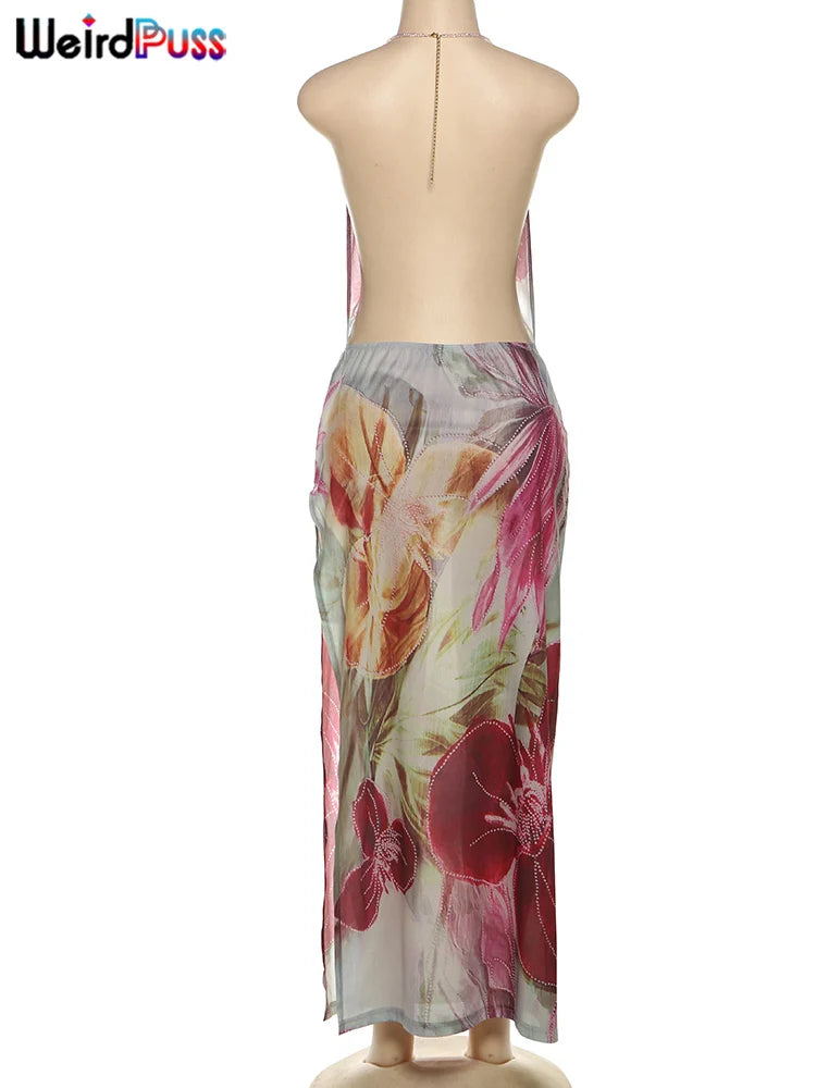 Weird Puss Bead Chain Halter Dress Y2K Floral Print Elegant Sexy Swing Collar Backless Birthday Midnight Party Split Maxi Bodyco