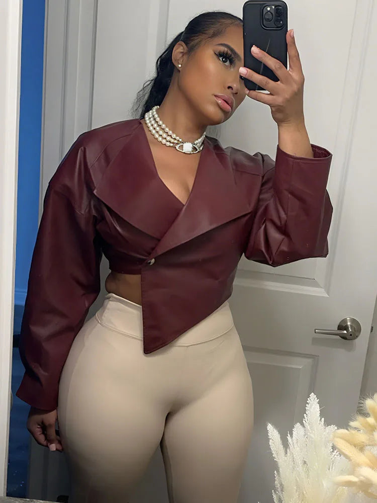 Weird Puss Single Button Crop Jacket Women Hipster Irregular Faux Leather Fall Trend Wild Basic Sexy Cross Neck Streetwear Coat