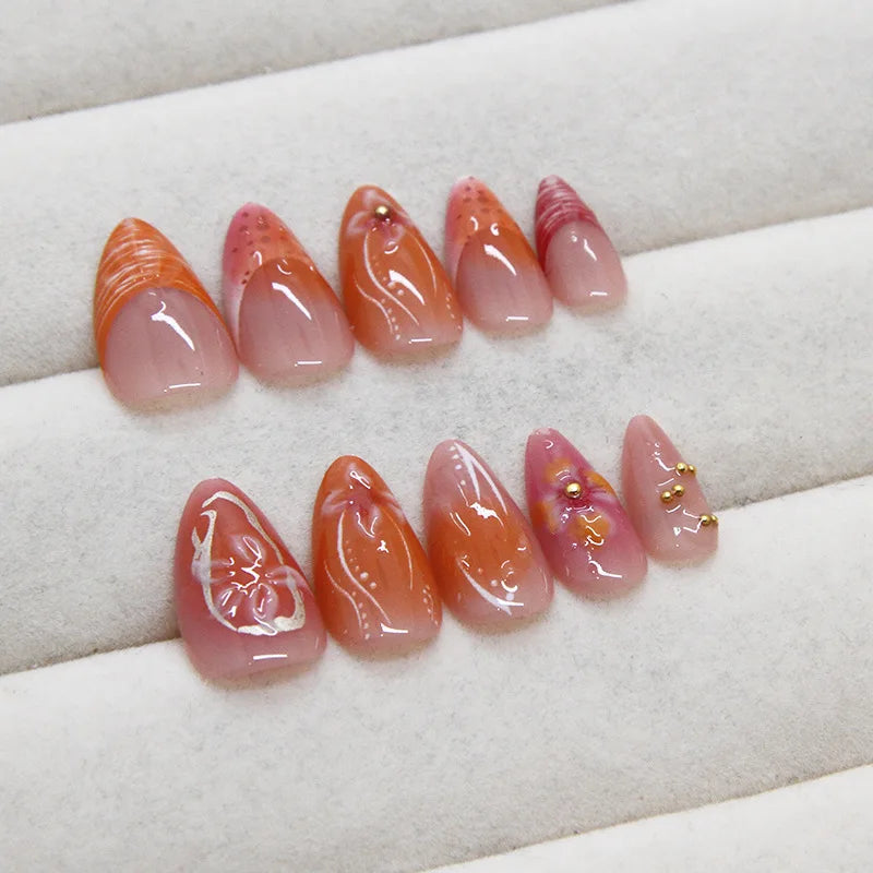 24pcs Short Almond French Press on Nails Ins Flower Design Fake Nail Tips Wearable Full Cover Sweet Korean Cute Fake Nail Patch