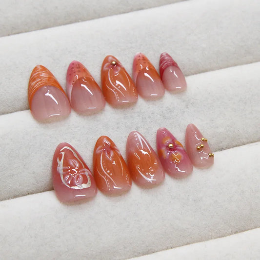 24pcs Short Almond French Press on Nails Ins Flower Design Fake Nail Tips Wearable Full Cover Sweet Korean Cute Fake Nail Patch