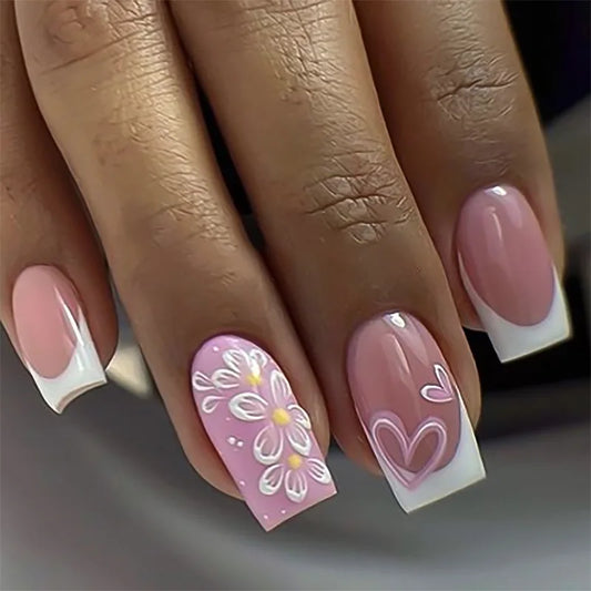 24pcs Short French Press on Nails White Flower Stripes Print Fake Nail Tips Full Cover Wearable Square Head False Nail Tips