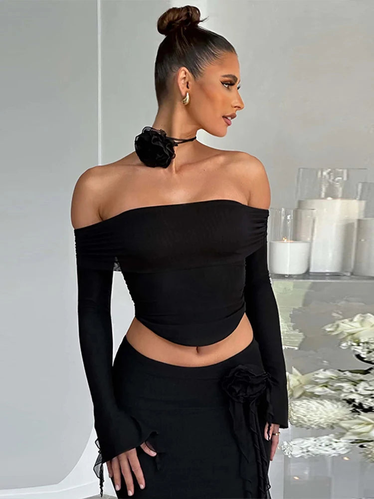 Dulzura Matching Suit Neck Accessories 3D Flower Off Shoulder Long Trumpet Sleeves Crop Top Tassel Maxi Skirt 2024 Autumn Women