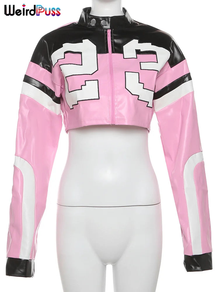 Weird Puss Faux Leather Women Jacket Hipster Letter Print Autumn Trend Casual Sporty Wild Streetwear Uniform Varsity Crop Coat