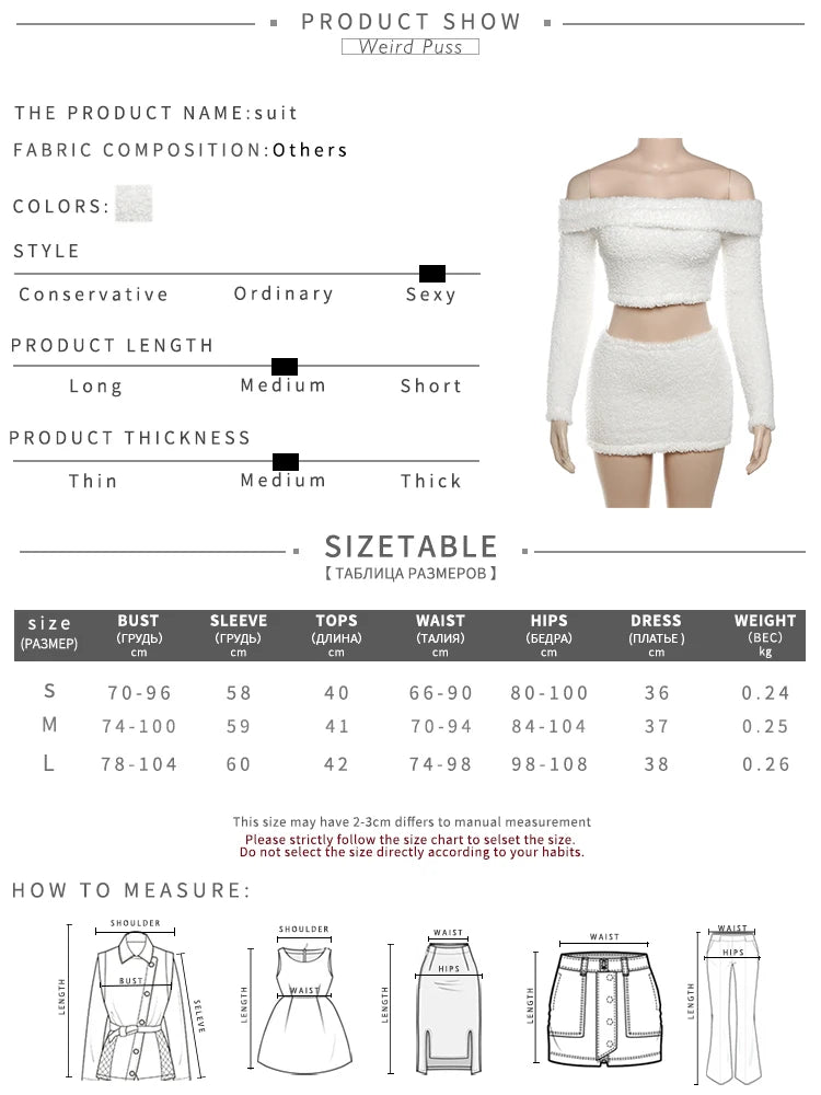 Weird Puss Furry Women 2 Piece Est Skinny Fall Elegant Slash Neck Crop Tops+Peach Hip Skirts Casual Matching Streetwear Outfits