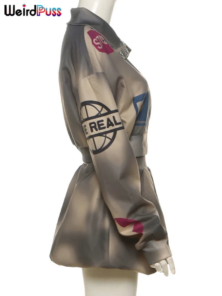 Weird Puss Tie-Dye 2 Piece Set Tracksuit Women Letter Print Zip Jacket+Waistband Puffy Skirt Matching Street Casual Vintage Suit
