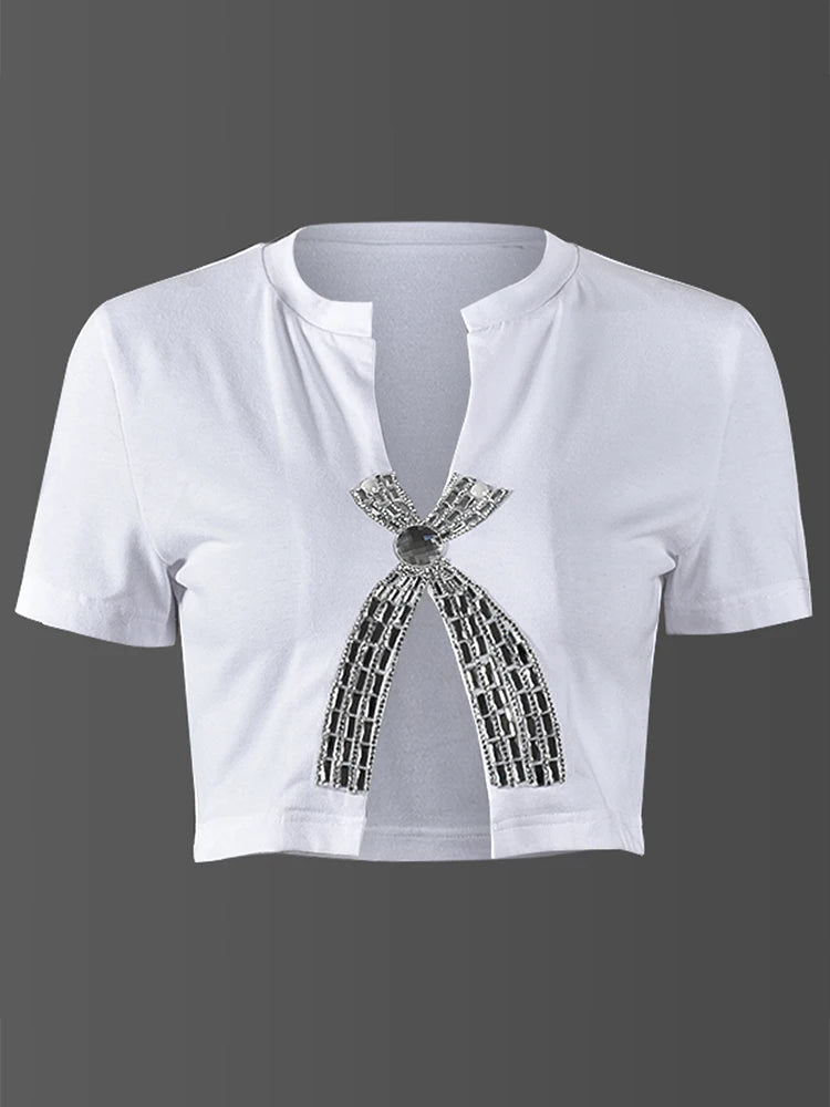 Weird Puss Open Split Women Tees Rhinestone Decoration Low Neck Slim Mini Wild Tops Sexy Hot Girls Nightout High Street Clubwear