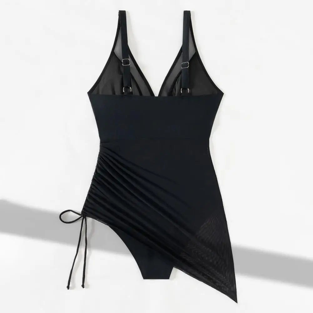 Women's Swimsuit Solid Color V Neck Tummy Control Swimwear Sexy Mesh Sheer Wrap Bathing Suit For Beach Vacation