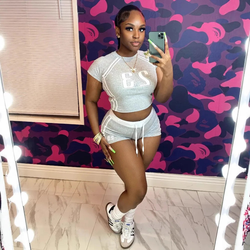 HLJ&GG Summer New Letter Print Drawstring Shorts Two Piece Sets Women Round Neck Short Sleeve Slim Crop Top And Shorts Outfits