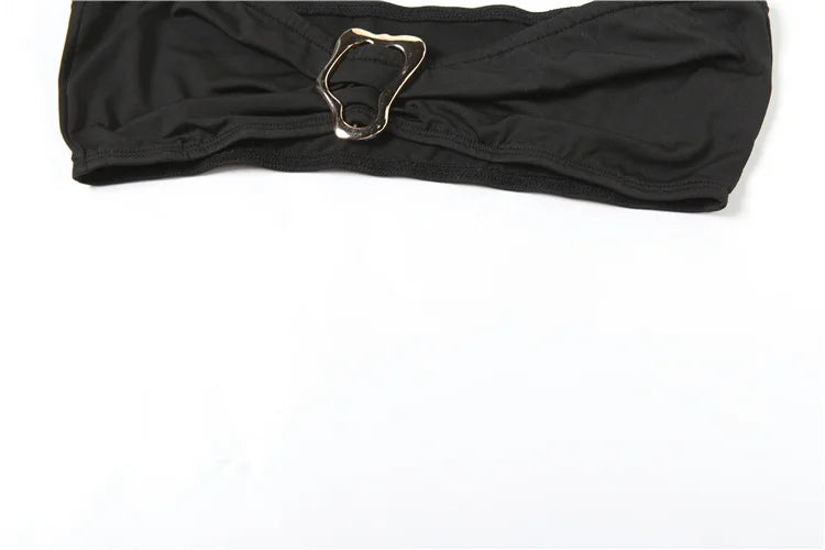 Weird Puss Sexy 2Piece Set Irregular Metal Rings Tube Tops+Bandage Halter Backless Swing Collar Playsuit Midnight Matching Suit