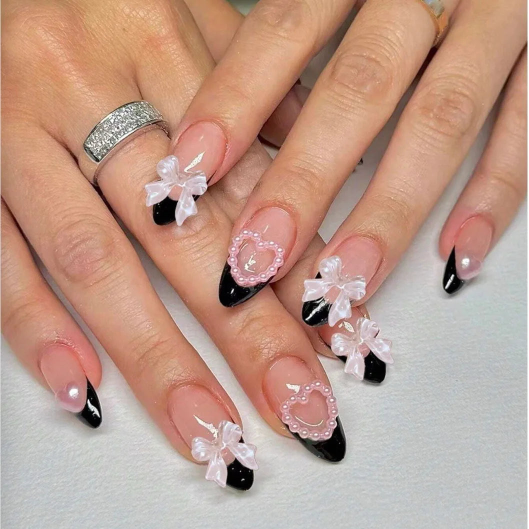 24pcs French Almond False Nails Sweet Pink Pearl Bow Decor Fake Nails Wearable Detachabe Sweet Korean Press on Nails for Girls