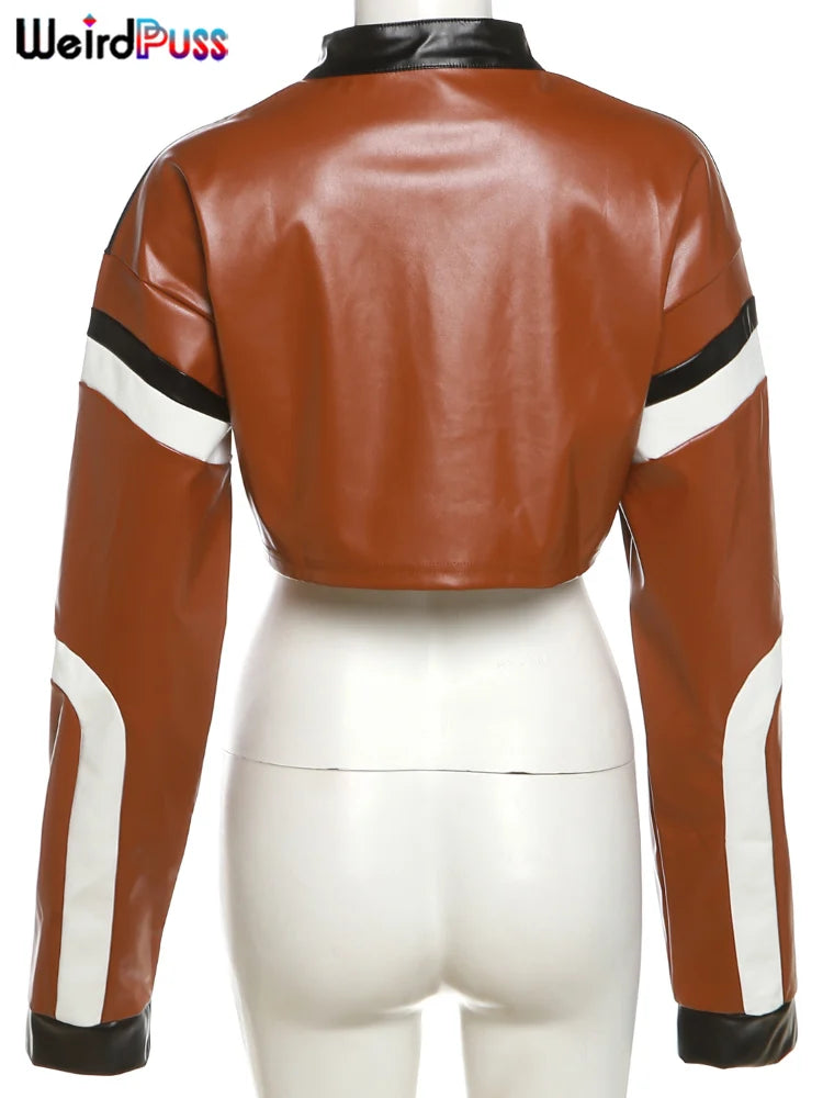 Weird Puss Faux Leather Women Jacket Hipster Letter Print Autumn Trend Casual Sporty Wild Streetwear Uniform Varsity Crop Coat