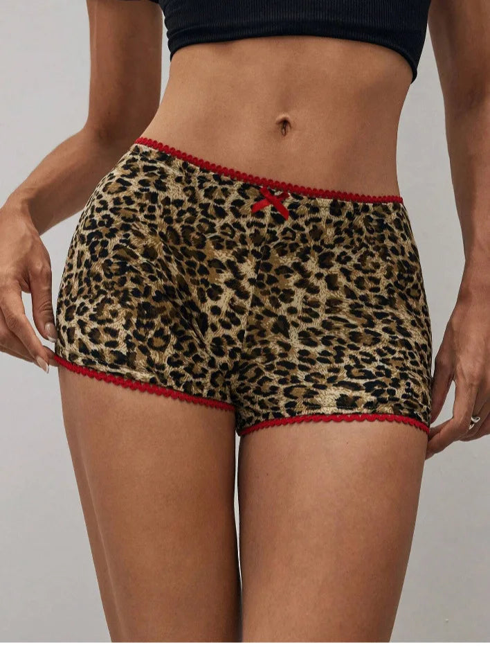 HLJ&GG Y2K Summer New Leopard Print Two Piece Ssets Women O Neck Short Sleeve Tshirts And Bow Shorts Outfits Fashion Streetwear