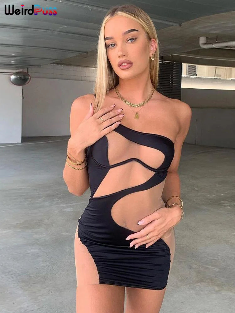 Weird Puss 2022 Mesh Patchwork Sexy Dress Women Sleeveless One Shoulder Skinny Summer Vacation Birthday Party Clubwear Bodycon