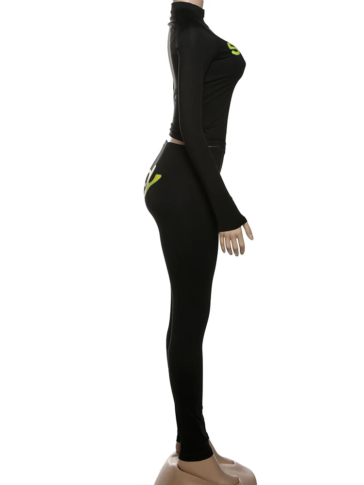 Weird Puss Casual Sporty Women2 Piece Set Letter Print Zip Crop Tops+Leggings Matching Street Stretch Skinny Streetwear Outfits