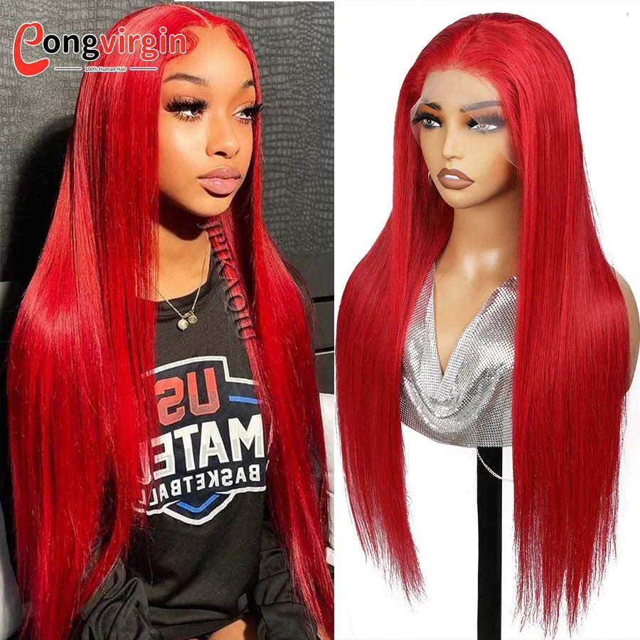 250% Hot Red 360 Full Lace Wig Human Hair Pre Plucked Hd Transparent Lace Front Wig 99J Bone Straight Lace Frontal Wig For Women