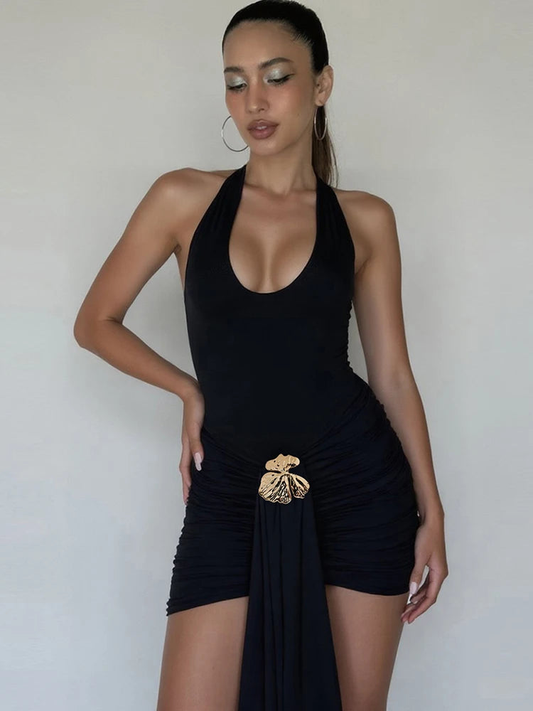 Weird Puss Metal Ribbon Dress Women Y2K Elegant Summer Halter Bandage Folds Peach Buttocks Backless Skinny Sexy Midnight Bodycon