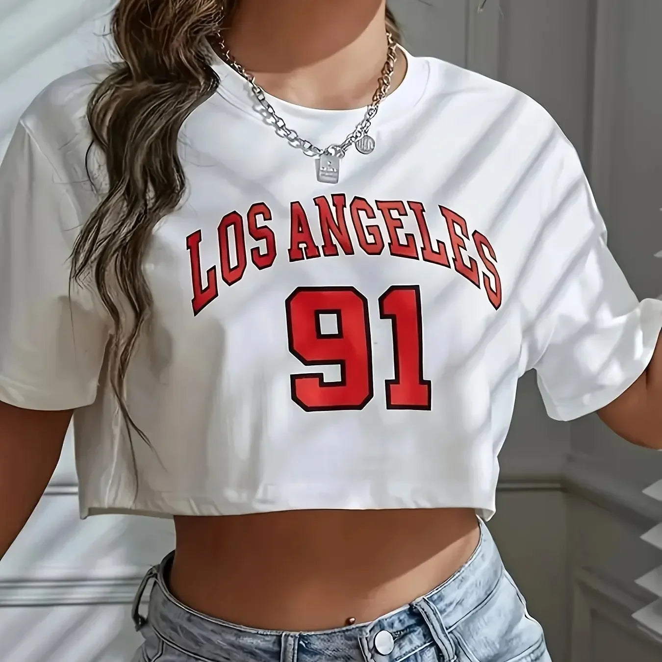 y2k T Shirt Los Angeles Number 91 Brooklyn Graphic Round Neck Sports Crop T-shirt Casual Crop Top Women Cropped