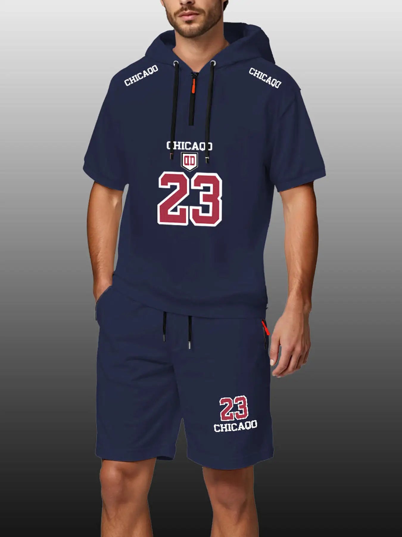 Two-Piece Hooded T-Shirt Zipper + Pocket Shorts