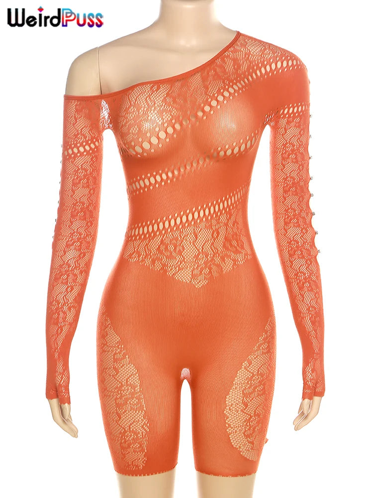 Weird Puss See Through Romper Women Sexy  Hollow Rhinestones Long Sleeve Skinny Irregular Off Shoulder Body-Shaping Playsuits