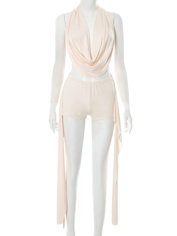 Weird Puss Elegant Women 2 Piece Set Halter Swing Collar Backless Sexy Tank Tops+Side Tassel Shorts Matching Clubwear Outfits