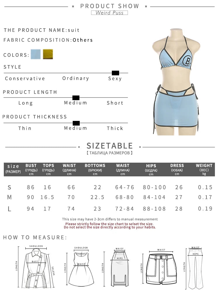 Weird Puss Letter Print 3Piece Set Women Sexy Summer Beach Vacation Bra+Bandage Briefs+Skirts Hipster Midnight Matching Clubwear