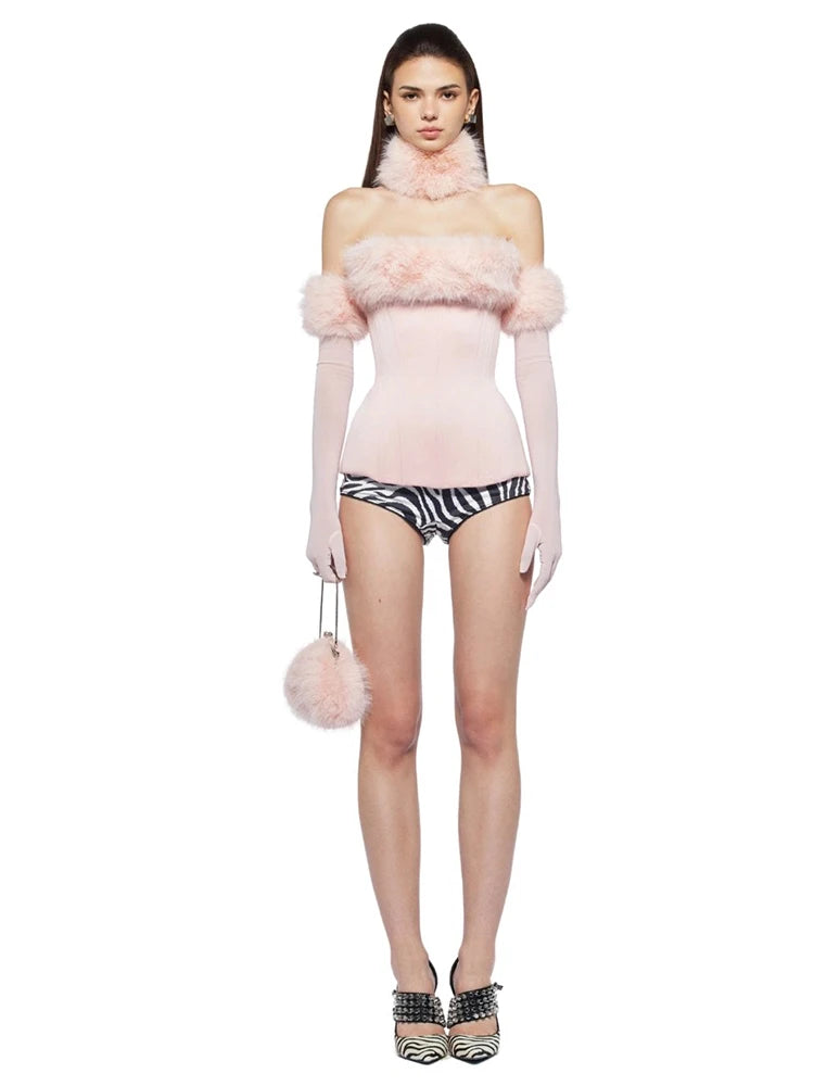 Weird Puss Christmas Furry Strapless Tops Women Patchwork Sexy Long Gloves Matching Birthday Luxury Classic Midnight Clubwear