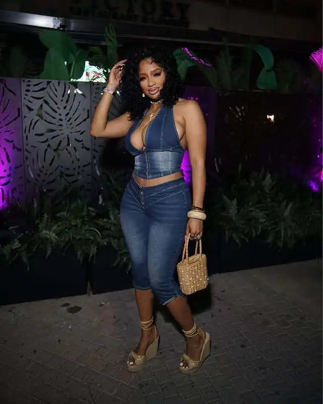 Blue Fashion jeans Halter Two Piece Sets Women Sleeveless, Backless Slim Crop Top And Skinny Jean Pants Outfits Streetwear