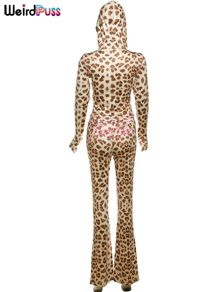 Weird Puss Leopard Letter Print 2 Piece Set Women Tracksuit Sporty Casual Hooded Crop Jacket+Flare Pants Stretch Matching Suits