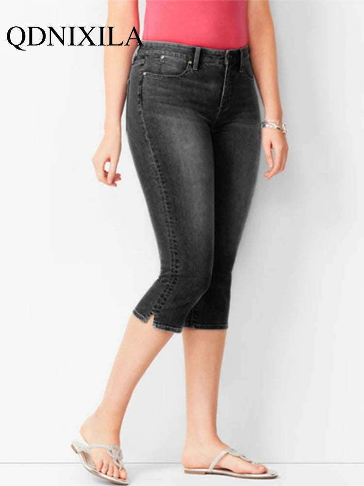 Knee Length Jeans female Elastic High Waist Mom Jeans Oversize