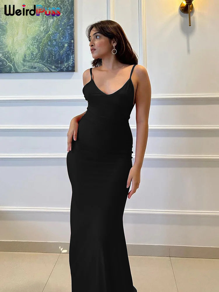 Weird Puss Folds V-Neck Women Evening Long Dress Sexy Backless Sleeveless Coquette Elegant Mermaid Matching Banquet Prom Bodycon